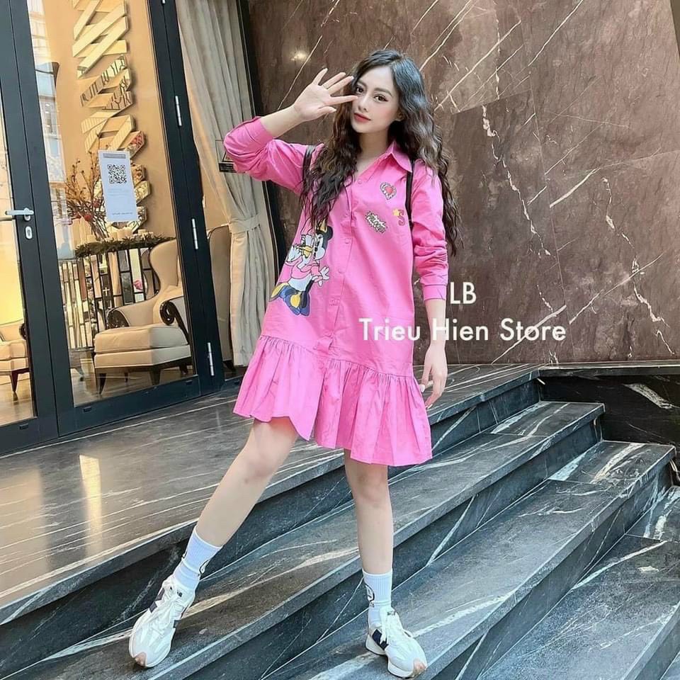 Đầm bánh bèo cổ sơ mi hình mickey đáng yêu có 3 màu hồng cánh sen trắng và xanh nhạt màu nào mặc cũng xinh xắn