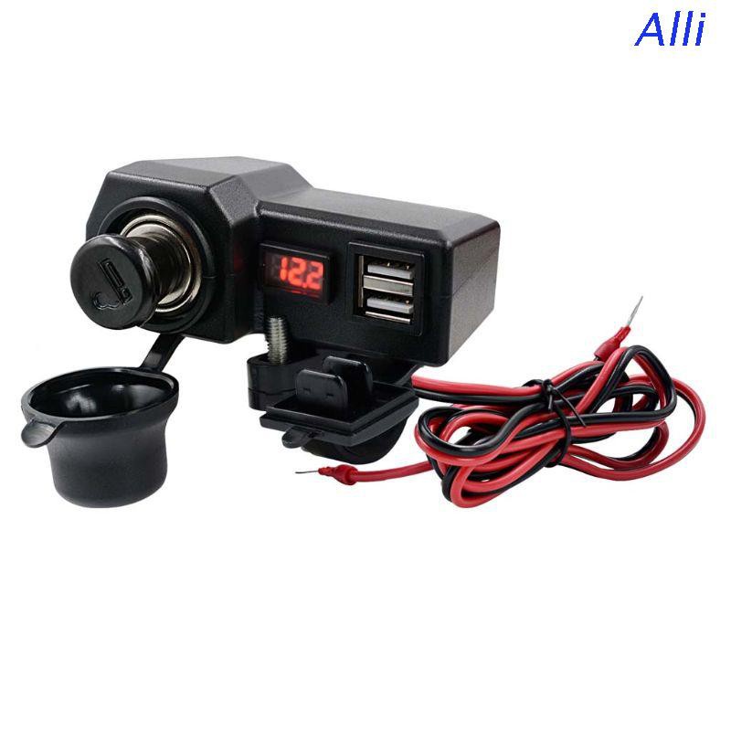 Alli Waterproof 12V Motorcycle Dual USB Charger With LED Voltmeter Lighter ON OFF Switch for Cellphones Mobile Tablets GPS