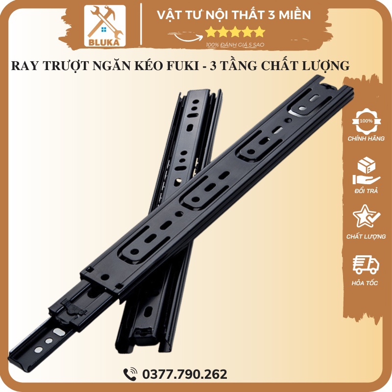 Ray Trượt Ngăn Kéo 3 Tầng Sơn Tĩnh Điện, Thanh Ray Bi Cho Hộc Tủ Bếp Tủ Quần Áo Bàn Giường 25, 30, 35, 40, 45, 50 Fuki