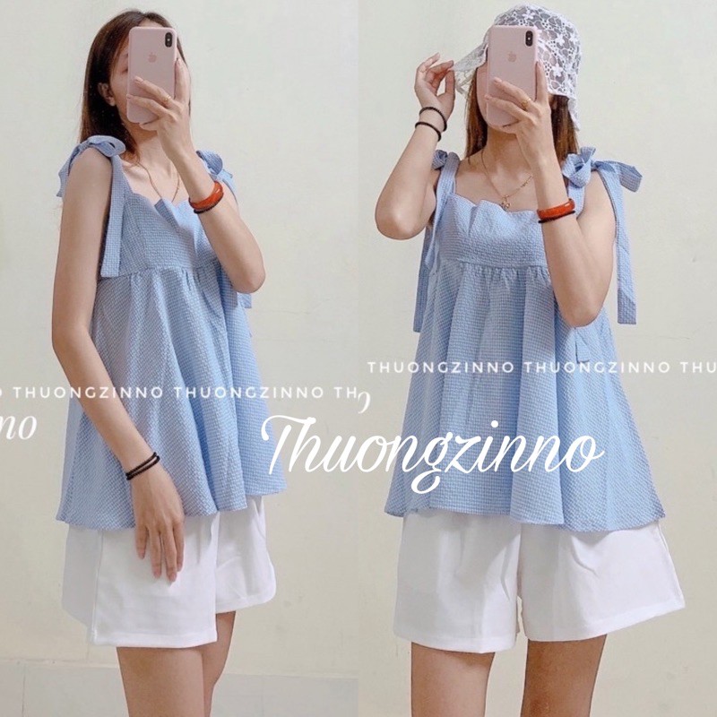 [Ảnh thật/Video]Set Adela gồm áo hay dây kẻ caro kèm quần sooc trắng  Set Bộ Đồ Bánh Bèo Tiểu Thư Đi Dạo Phố Sang Chảnh
