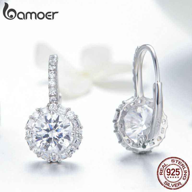 Khuyên tai BAMOER bằng bạc đính đá zircon tinh tế thời trang dành cho nữ