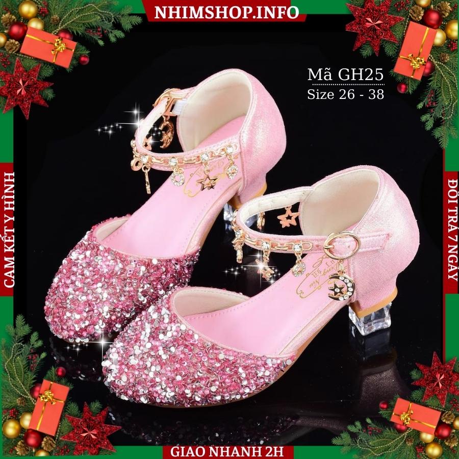 Giày búp bê cao gót đính đá cho bé gái 3 - 12 tuổi quai móc hồng điệu đà phù hợp trẻ em đi tiệc múa khiêu vũ GH25