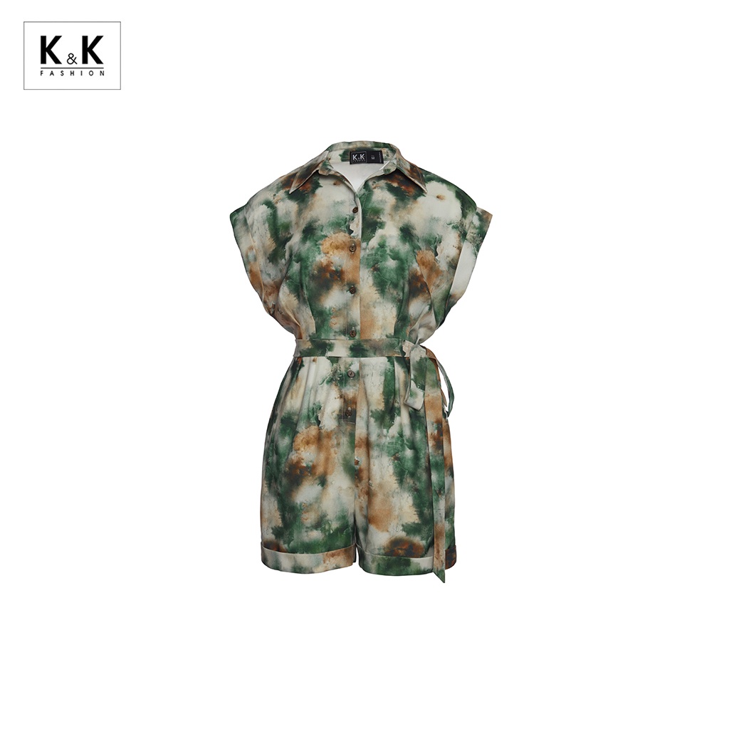 Jumpsuit Ngắn K&amp;K Fashion HL16-27 Họa Tiết Tie Dye Eo Thắt Nơ Chất Liệu Cát Hàn