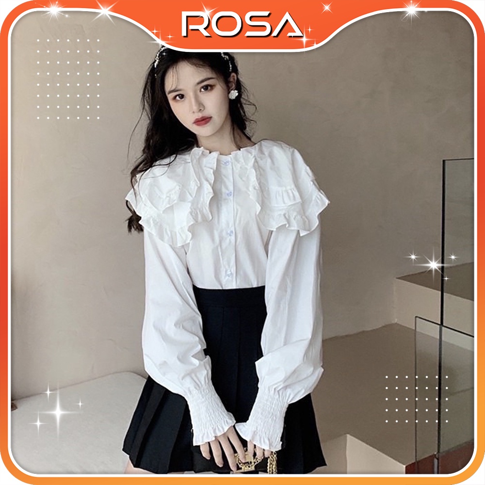Áo sơ mi nữ form rộng vừa kiểu dài tay cổ bèo tay chun nhún tiểu thư ROSA BOUTIQUE