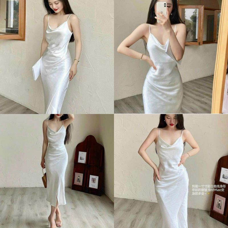 Đầm Lụa Hai Dây Cổ Đổ Xẻ Đùi Tôn Dáng