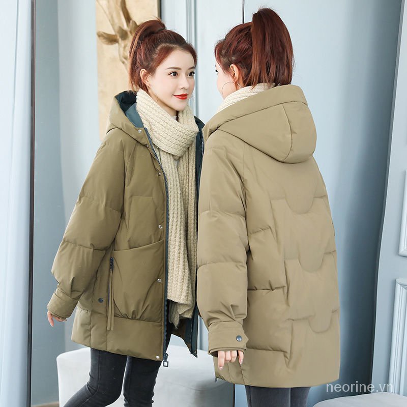 Áo khoác cotton dày dáng rộng có mũ trùm phong cách Hàn Quốc thời trang mùa giải 2021 cho nữ
