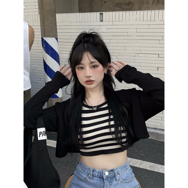 Kumikumi HUANG YOYO Áo Croptop Set Áo Hai Dây + Áo Khoác cardigan Dệt Kim Thời Trang Nữ Áo croptop