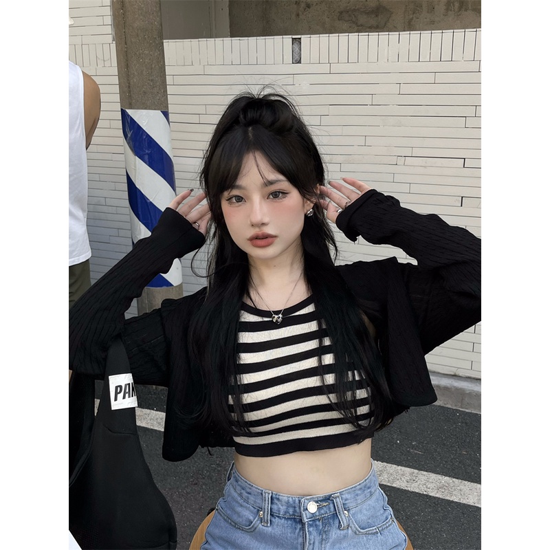 kumikumi HUANG YOYO Áo Croptop Set Áo Hai Dây + Áo Khoác cardigan Dệt Kim Thời Trang Nữ Áo croptop