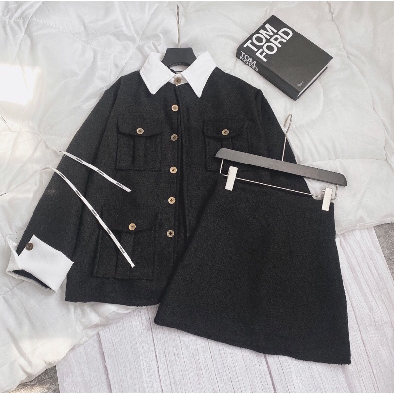 SET DẠ ĐEN PHỐI CỔ SƠ MI SIÊU XINH