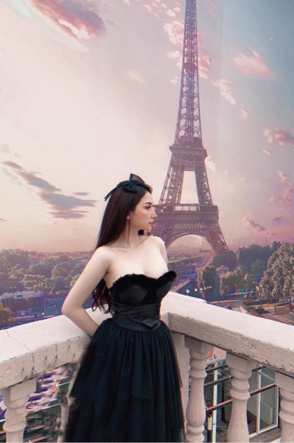 Set áo cup lông + chân váy lưới dài  màu đen