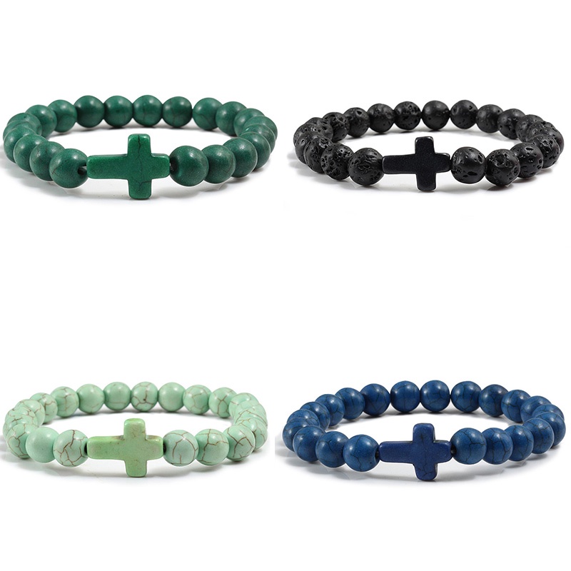 1 Vòng Tay Chuỗi Hạt Đá Núi Lửa Mặt Hình Thánh Giá Màu Xanh Ngọc Lam Cho Nam Và Nữ