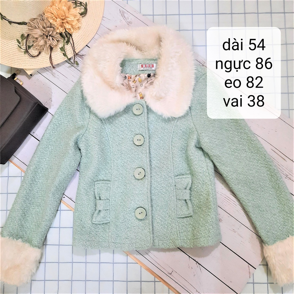 Áo xanh matcha cổ lông - Thanh lý cá nhân khoác cổ lông nữ tính xanh mint - mint1-AKD