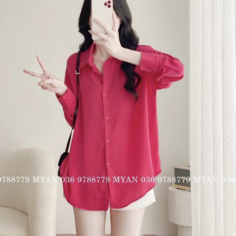 Set Áo Sơ Mi Hồng Mix Chân Váy Chữ A Trắng Dáng Rộng