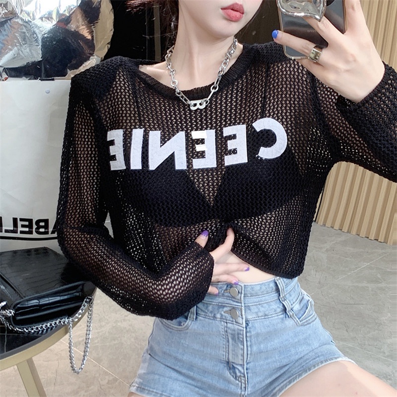 Cocory vn Áo Sweater Dệt Kim Mỏng Tay Dài Trong Suốt In Chữ Đơn Giản Quyến Rũ Cho Nữ