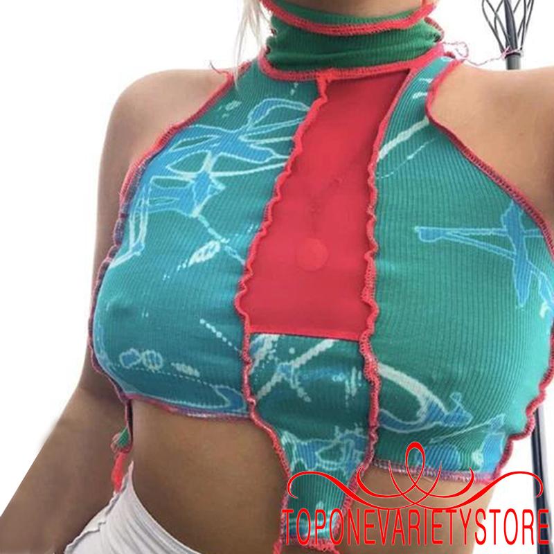 TOPQ-Women´s Cropped Sleeveless Top Patchwork Ripped Party High Stand Neck Knitting Ruffle Clothes