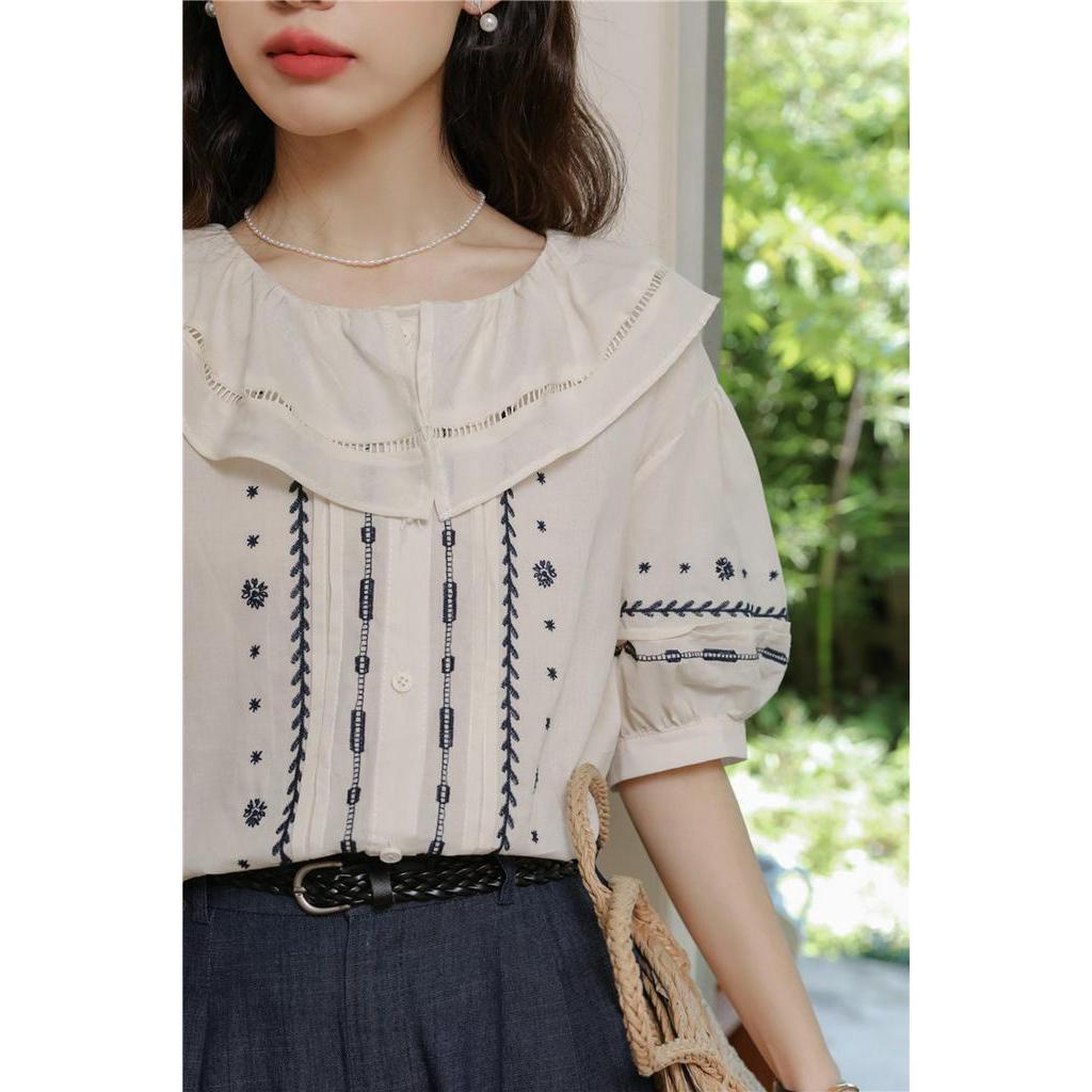 Áo Sơ Mi Ngắn Tay Họa Tiết Thêu Phong Cách Retro Mùa Hè Kiểu Mới 64213