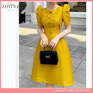 Váy taffeta vàng cúc hoa tay bồng - đầm thiết kế dự tiệc sang chảnh, thanh lịch-v21803