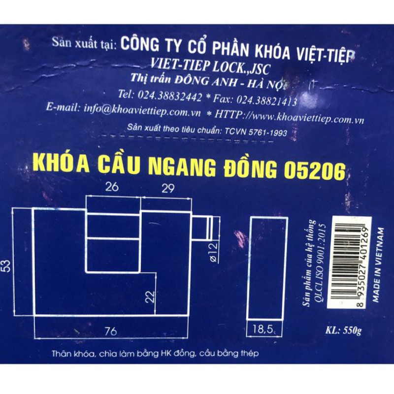 Khoá cầu ngang đồng Việt Tiệp chống cắt (3 chìa,cầu 12mm,hàng chính hãng)