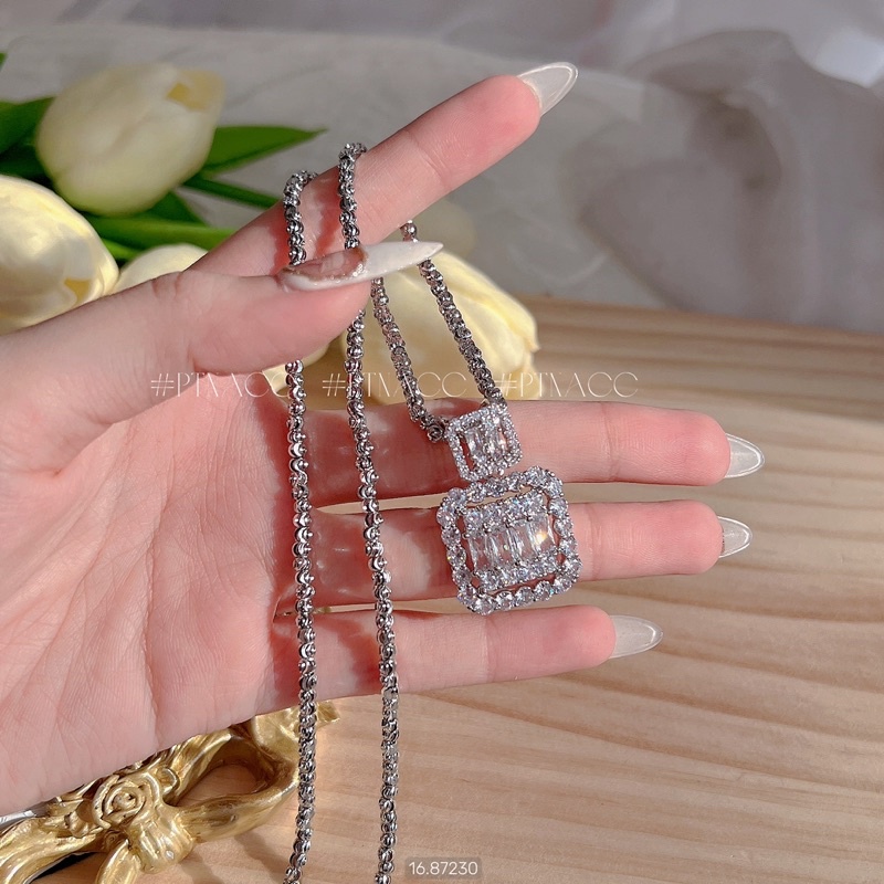 Set trang sức, bộ bông tai, dây chuyền, vòng tay, nhẫn xi bạch kim đá vuông đính full paguet .PTNACC.