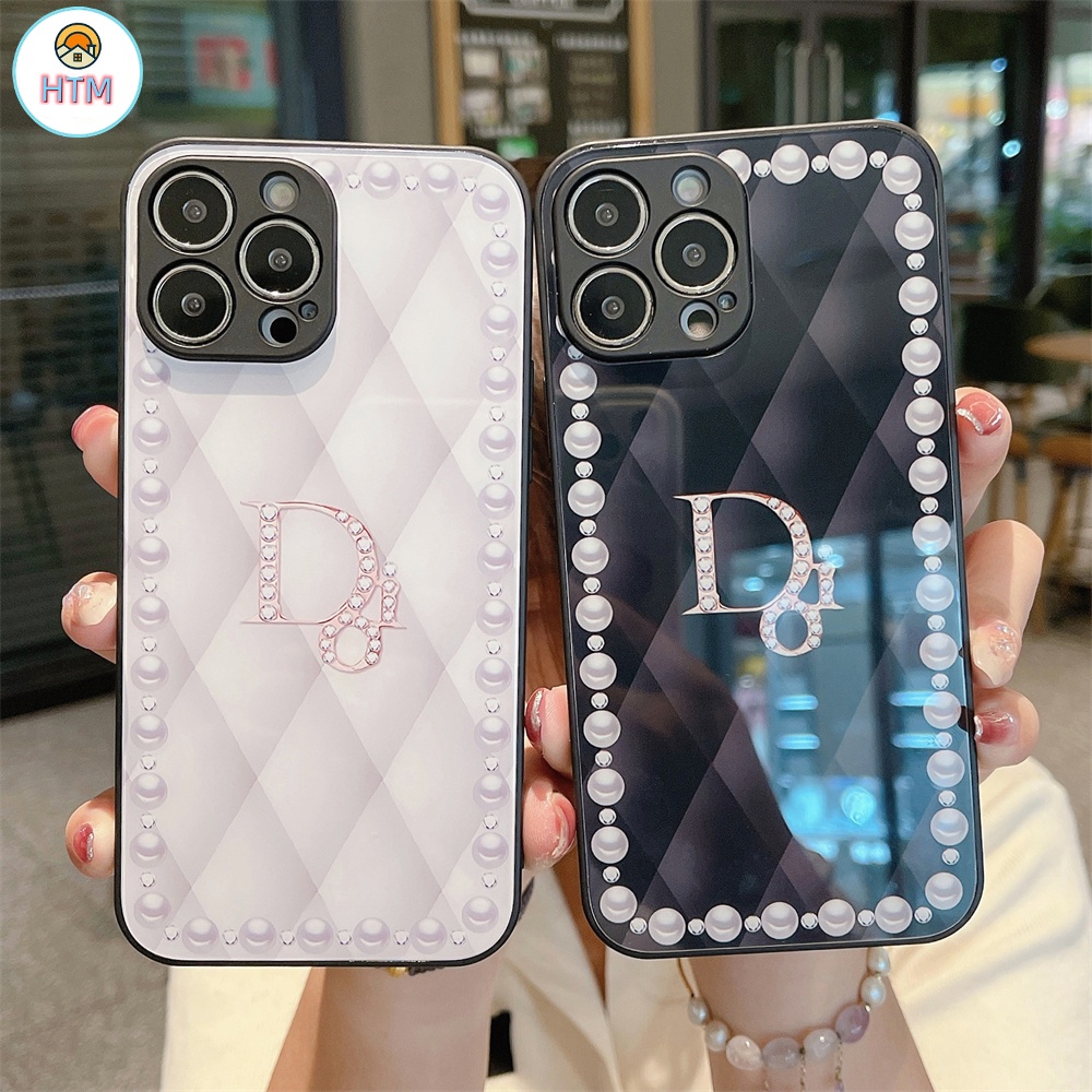 Ốp Điện Thoại Mặt Kính Viền Vuông Đính Ngọc Trai Sang Trọng Cho iPhone 13 12 11 Pro Max Promax XS Max