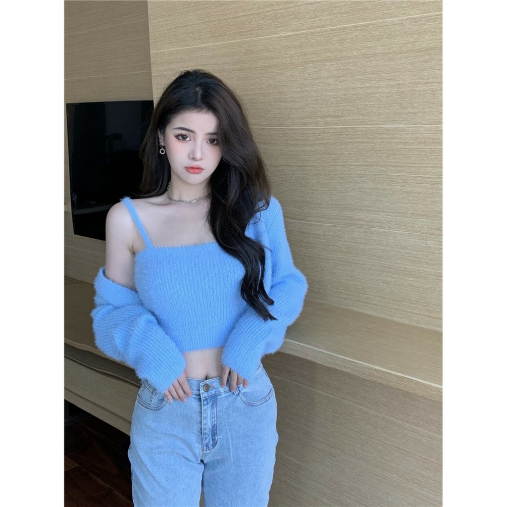 [CÓ SẴN FREESHIP ĐƠN TỪ 50K] Set áo hay dây và áo khoác lông màu trơn SET01
