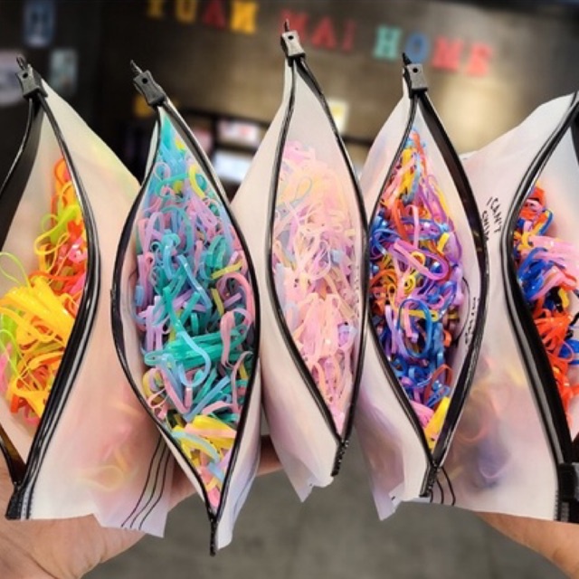 Túi zip 500 dây thun cột tóc/chun buộc tóc cao su nhiều màu cho bé gái có dây kéo tiện lợi dùng cả năm