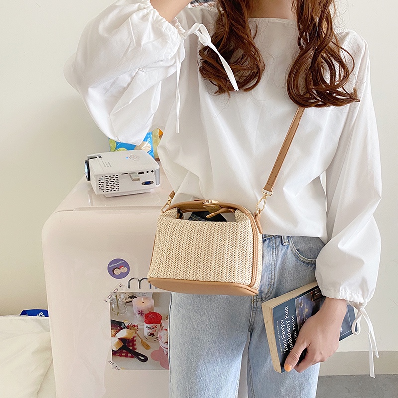 Túi Xách Cầm Tay Nữ Mini Thời Trang Cao Cấp Phom Vuông Cá Tính Họa Tiết Sợi Rơm Dệt Đẹp Mắt Đeo Chéo Đeo Vai Tiện Lợi
