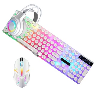 4 in 1 Keyboards Gaming Mouse & RGB Headphones Wired Mechanical Keyboard Mouse Headset Kit for Laptop Computer(White)