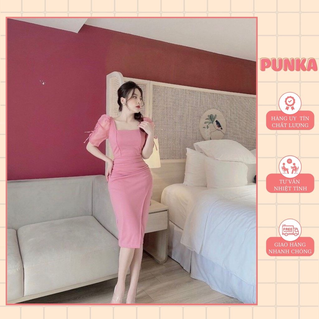 Đầm nữ ôm eo cổ vuông dự tiệc cao cấp chất vải umi xẻ tà Hàn Quốc