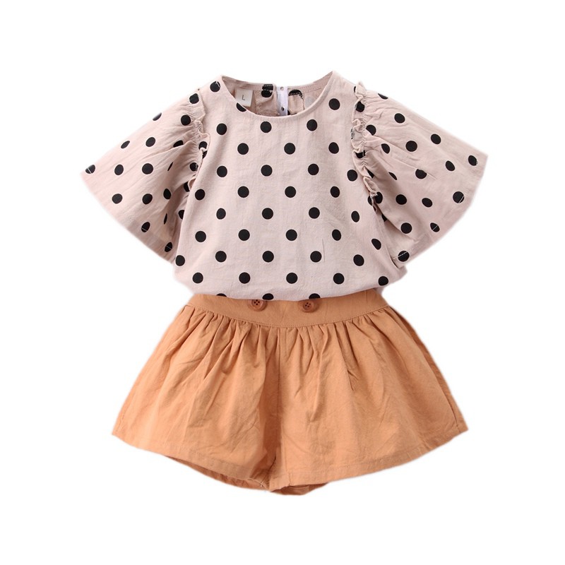 Bộ áo phối quần short chấm bi đáng yêu thời trang cho bé gái 2 ~ 6 tuổi