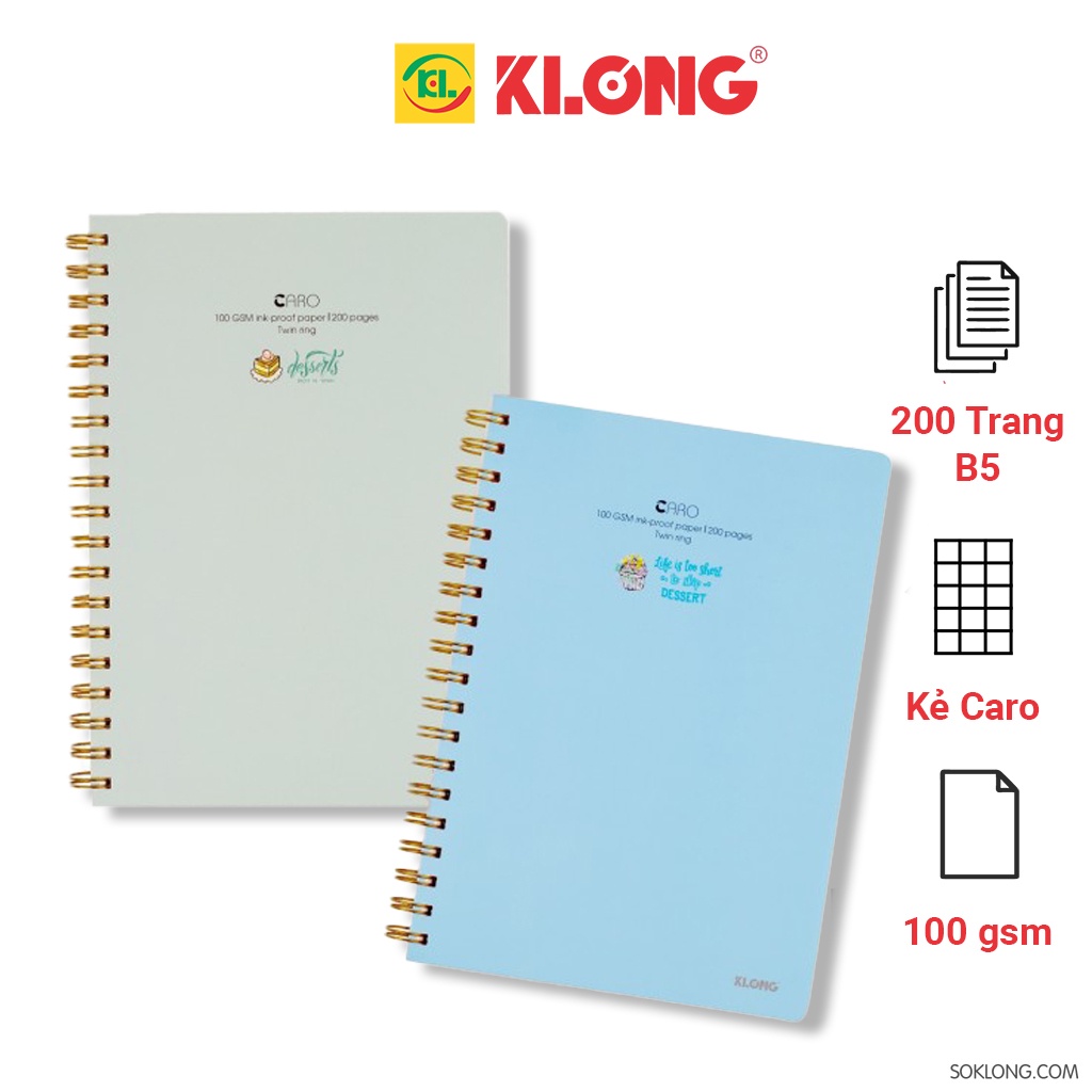 Vở B5 lò xo kép bìa nhựa 200 trang caro - cuốn tập sổ Klong MS 576