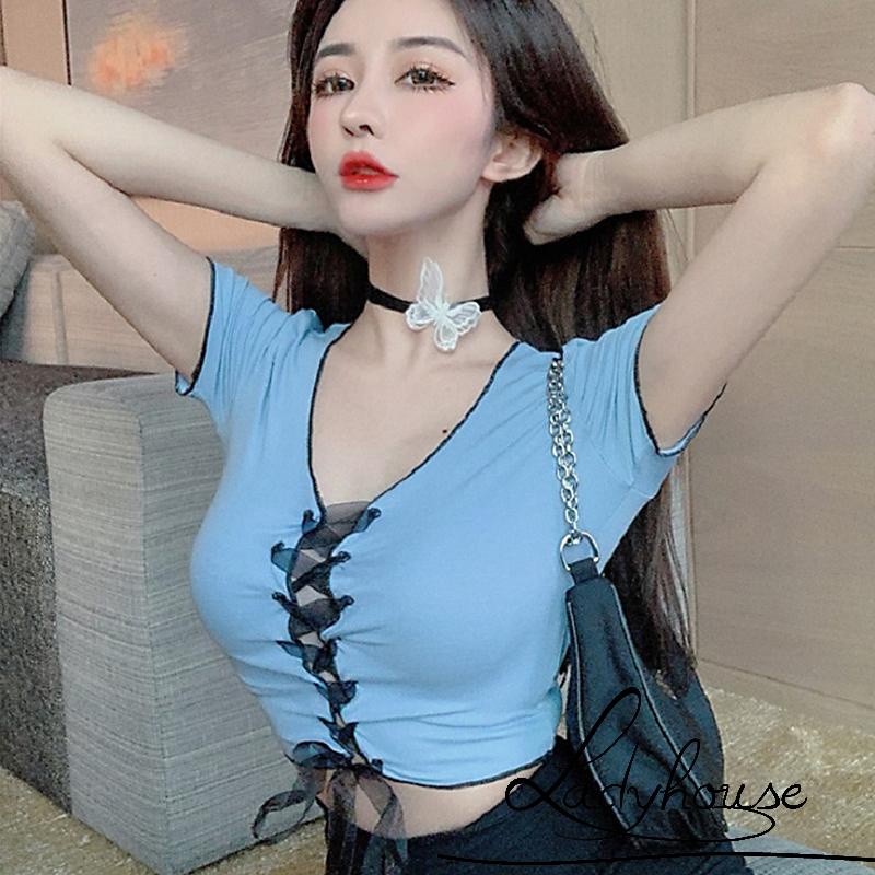 Áo thun croptop tay ngắn cổ chữ V màu sắc đơn giản dành cho nữ