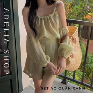 Set Áo Quần | Set Áo Kiểu Ulzzang Cổ Yếm Khoét Vai Và Quần Đùi Xanh Mint Chất Voan Mềm Mại Hàn Quốc, Chất Dày Dặn
