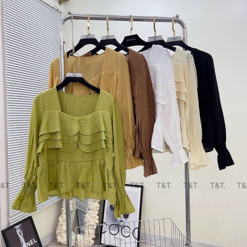 Áo Kiểu Dài Tay Chất Lụa Tơ Phối Bèo Xinh Xắn