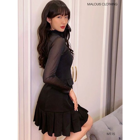 Set váy cúp ngực màu đen dập ly và áo lưới kim tuyến rời - M115