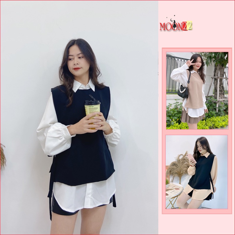 Sét Đồ Nữ MOON22 Sét Sơ Mi Gồm Áo Sơ Mi Kiểu Hàn Quốc Tay Phồng Dáng Dài Sang Chảnh Phối Gile Đen Form rộng Thời Trang