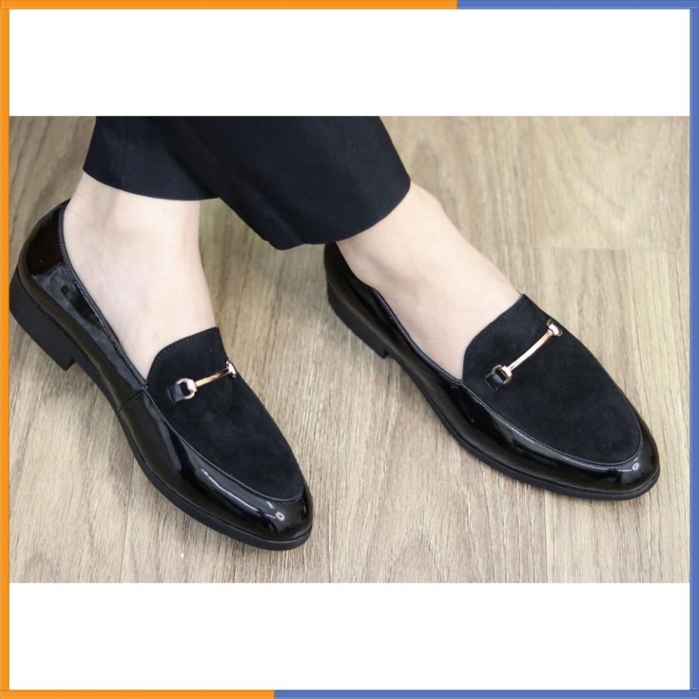 FRESSHIP Giày Lười Nam Da Bóng Giá Rẻ - Mu Giày Da Lộn, Đế Cao 3cm - Mã L190 Màu Đen - Hàng VN vip