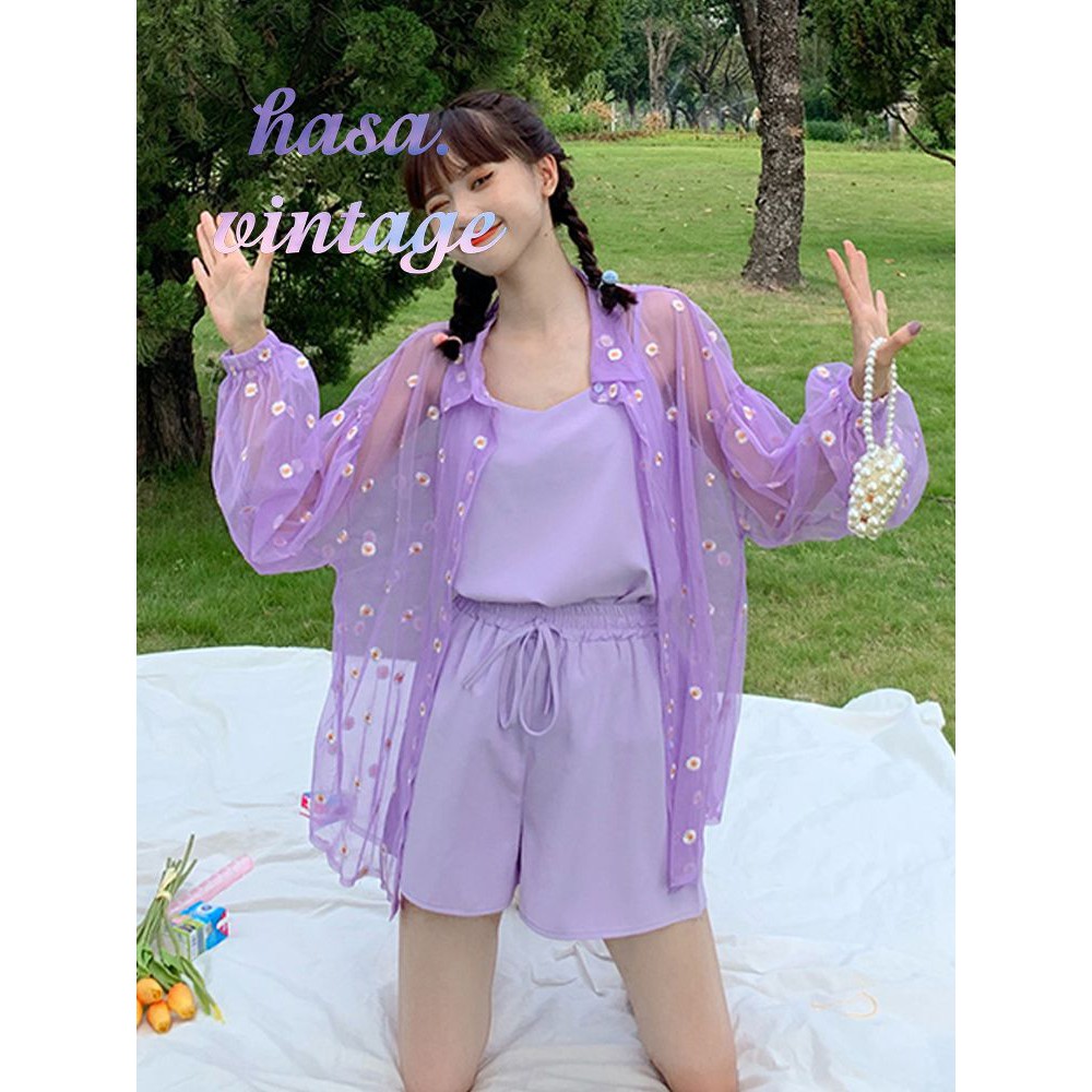 🌿 Áo khoác voan lưới mỏng sơ mi tay bo dài họa tiết hoa cúc ulzzang🔥