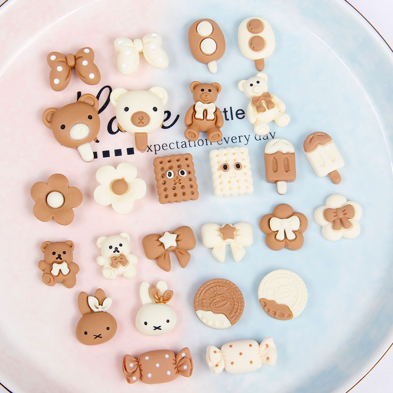 Bộ Mô Hình Gấu, Nơ, Hoa Màu Trà Sữa - Phụ Kiện Trang Trí Ốp Điện Thoại Handmade