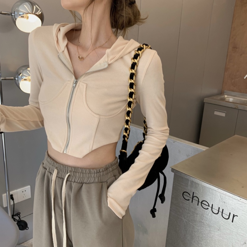 Thời Trang Áo Hoodie Dáng Ngắn Phối Khóa Kéo Dễ Phối Đồ