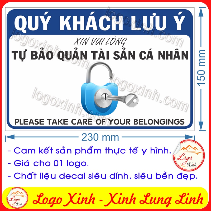 LOGO STICKER TẤM DÁN BIỂN NHẮC NHỞ KHÁCH HÀNG TỰ BẢO QUẢN TÀI SẢN, ĐỒ ĐẠC CÁ NHÂN - TAKE CARE OF YOUR BELONGINGS