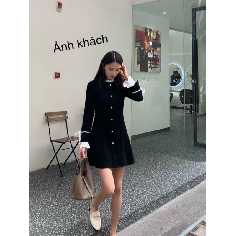 Váy xoè dài tay màu đen viền trắng