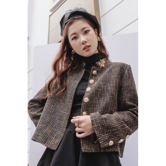 Áo dạ tweed dáng ngắn màu nâu / xanh - Petite Coat