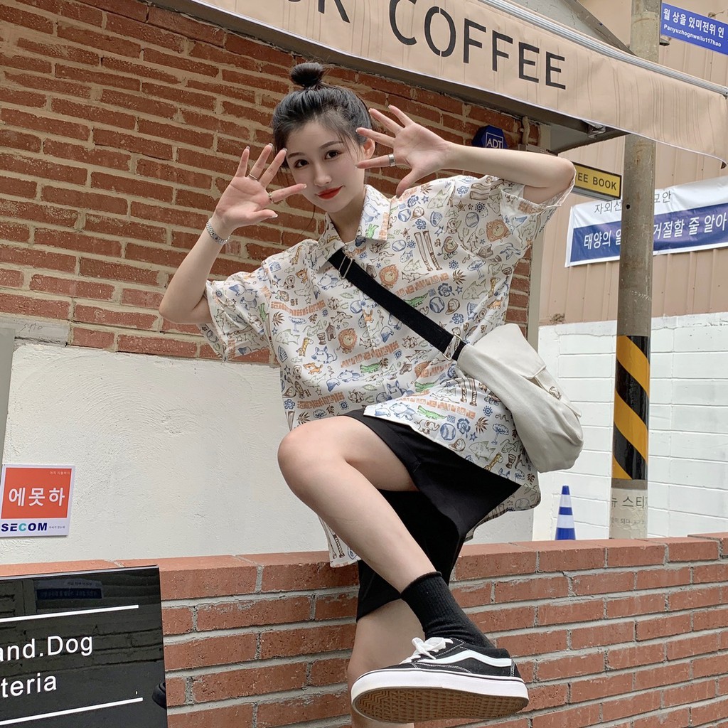 Áo sơ mi tay lỡ form rộng Hình Vẽ Ngộ Nghĩnh kiểu dáng unisex nam nữ chất nhẹ mát basic oversize