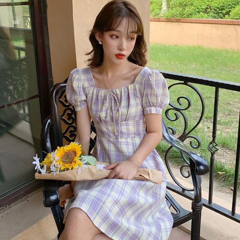 Đầm nữ tay ngắn kẻ sọc phong cách Hàn Quốc