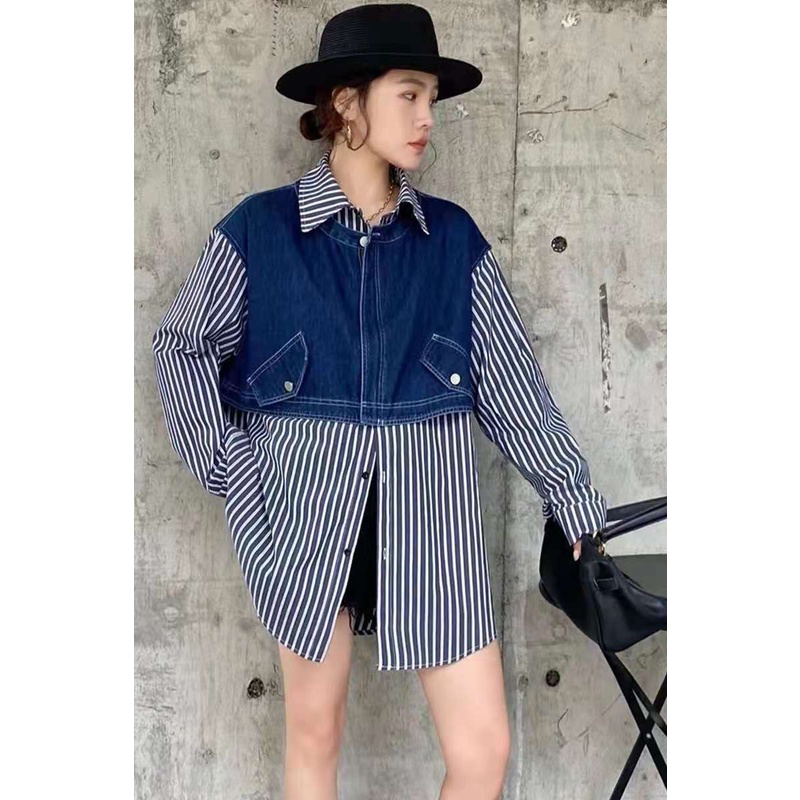 IELGY Áo sơ mi tay dài họa tiết kẻ sọc phong cách retro hong kong cho nữ