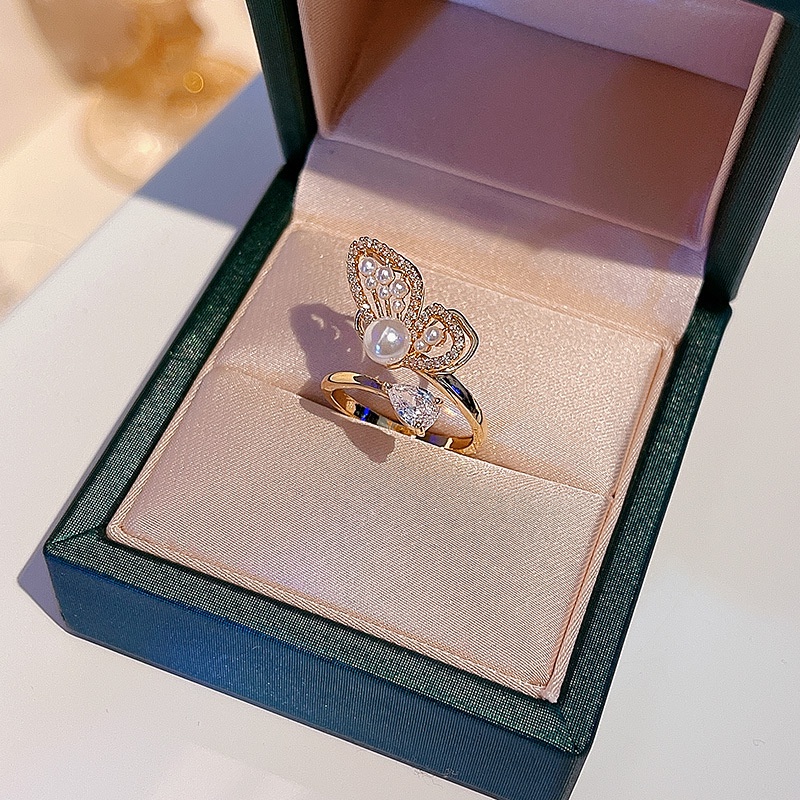 Nhẫn đeo ngón tay dạng hở thiết kế đính đá zircon ngọc trai nhân tạo phong cách Hàn Quốc thời trang dành cho nữ