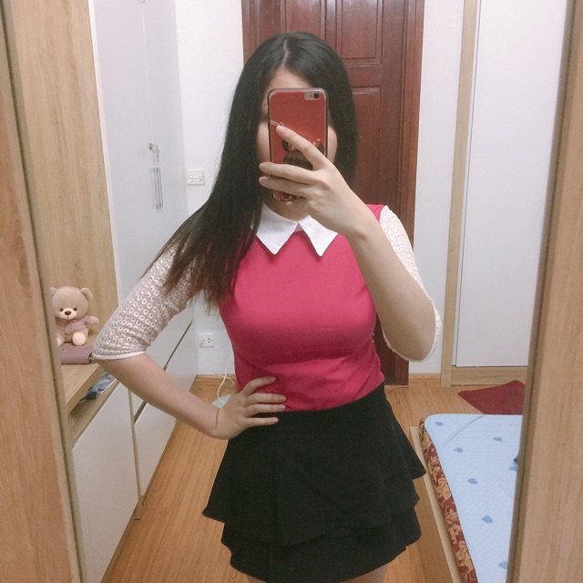 Áo sơ mi công sở tay ren cổ Đức chui đầu phối hồng trắng - Thanh lý