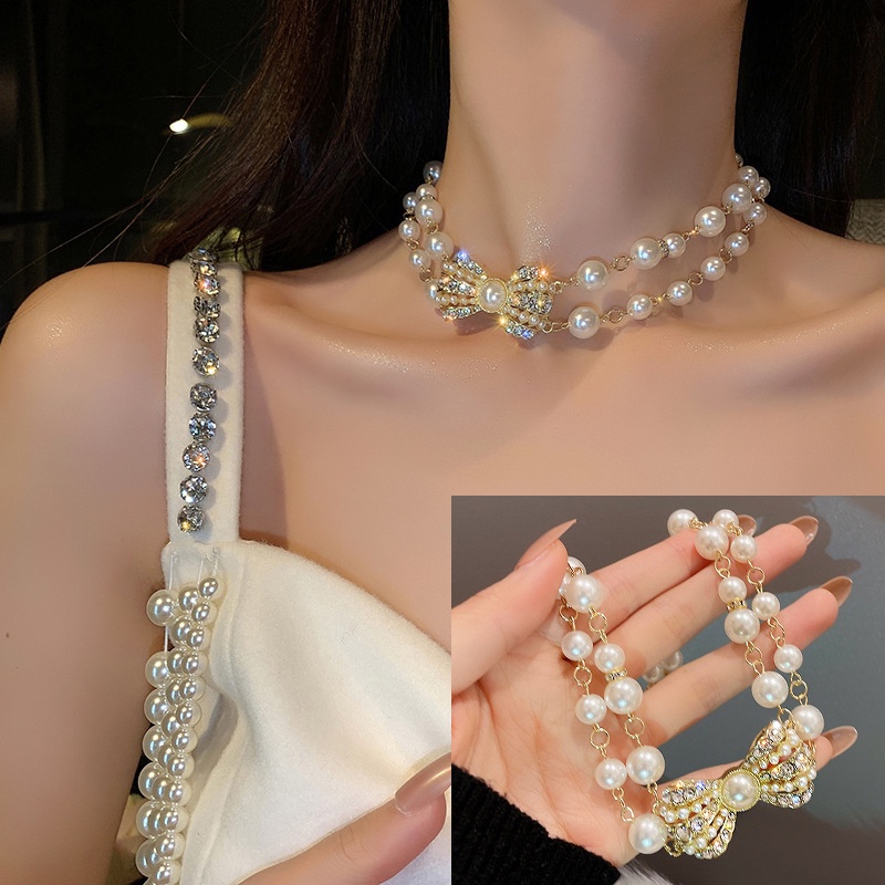 Vòng cổ Mặt Nơ Đính Ngọc Trai Phong Cách Hàn Quốc Mới