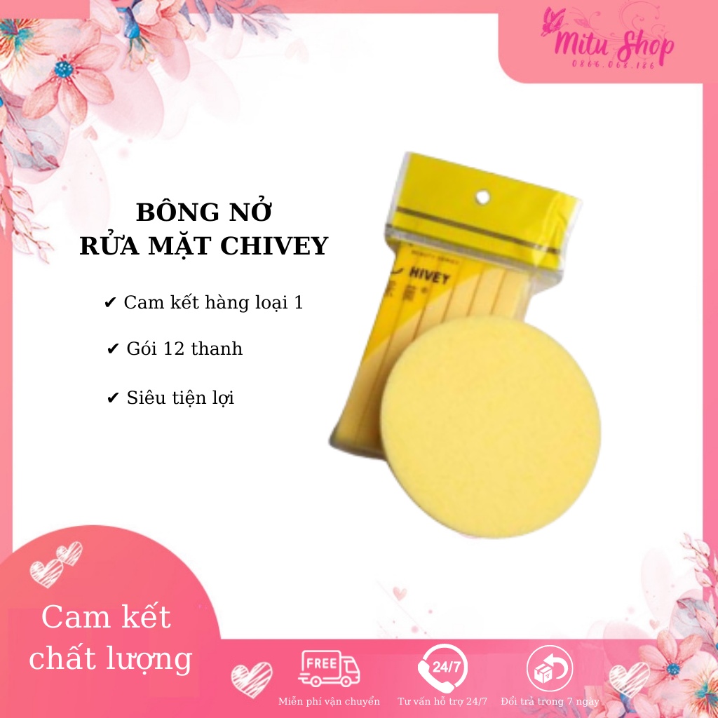 Bọt biển - Bông nở rửa mặt Chivey 12 miếng dạng nén / Miếng mút rửa mặt bọt biển dạng nén (Gói 12 thanh)